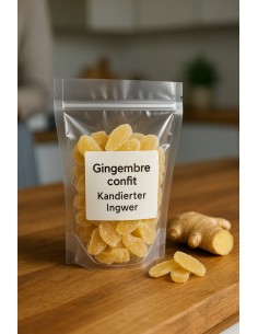 Sachet de gingembre confit posé dans une cuisine moderne, label minimaliste, ambiance authentique