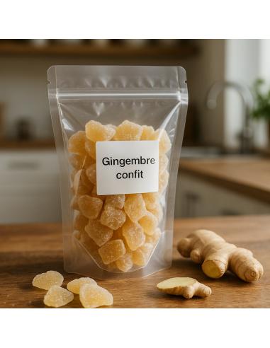 Kandierter Ingwer in einem transparenten Beutel, präsentiert auf natürlichem Holztisch