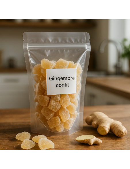Gingembre confit artisanal en sachet transparent, présentation sur fond bois naturel