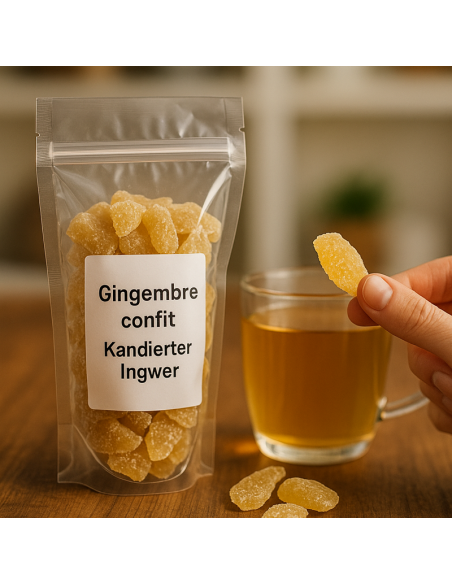 Gingembre confit prêt à consommer, avec main en arrière-plan, image naturelle et gourmande