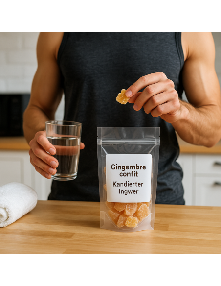 Ambiance bien-être : gingembre confit avec décor sport et énergie, alimentation saine